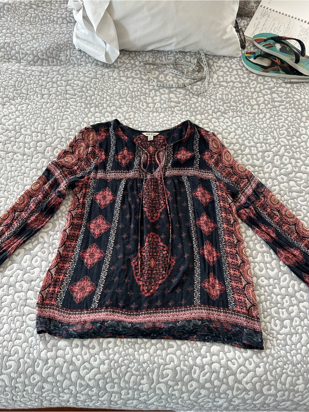 Lucky Brand Black Blouse with Red Paisley Medallions